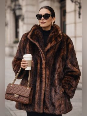 Vintage Faux Fur Coat XL Brown Mink Look Made in USA Olympia Limited Glam Winter